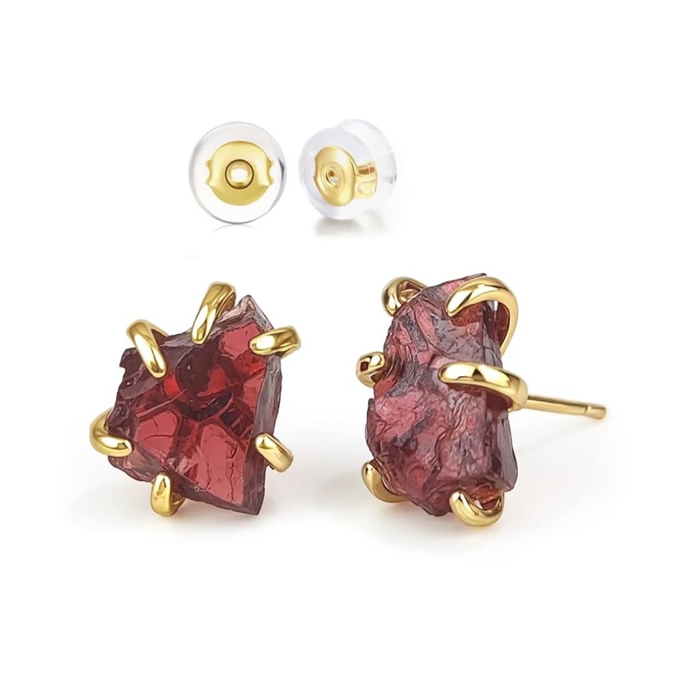 Natural Garnet Raw Gemstone Handmade Prong Setting Stud Earrings in Gold